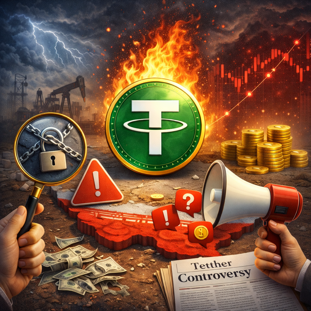 محبوبیت تتر در بازارهای جهانی | تحلیل نقش USDT در اقتصاد دیجیتال سکه تتر در حال سوختن میان نمودار نزولی و نمادهای هشدار، نمایانگر خطرات و انتقادات پیرامون USDT