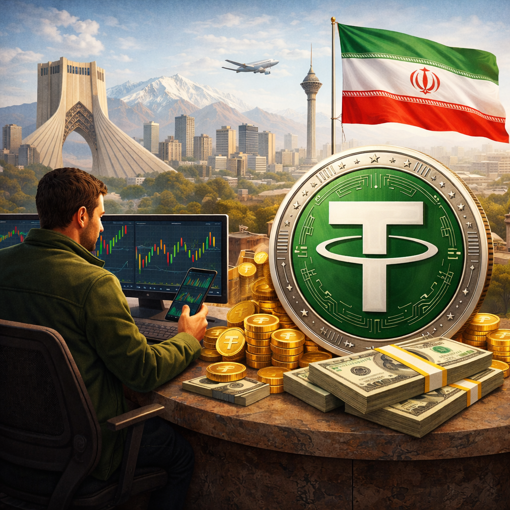 محبوبیت تتر در بازارهای جهانی | تحلیل نقش USDT در اقتصاد دیجیتال تصویری واقعگرایانه از یک معاملهگر ایرانی پشت میز کار که به مانیتورهای نمودار کندلی نگاه میکند و با گوشی معامله انجام میدهد؛ در پیشزمینه سکه بزرگ تتر (USDT) کنار سکههای طلایی و بستههای اسکناس دلار دیده میشود و در پسزمینه نمای تهران با برج آزادی، برج میلاد، کوههای برفی و پرچم ایران قرار دارد.