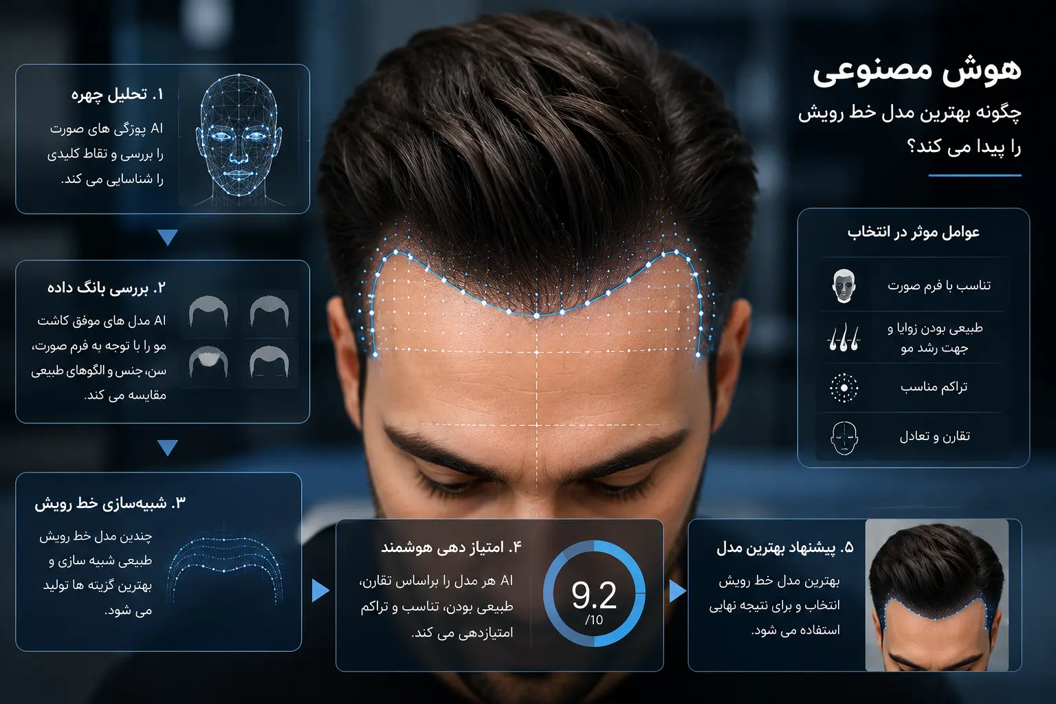 شبیه سازی بهترین مدل کاشت مو با هوش مصنوعی هوش مصنوعی چگونه بهترین مدل خط رویش را پیدا می کند؟