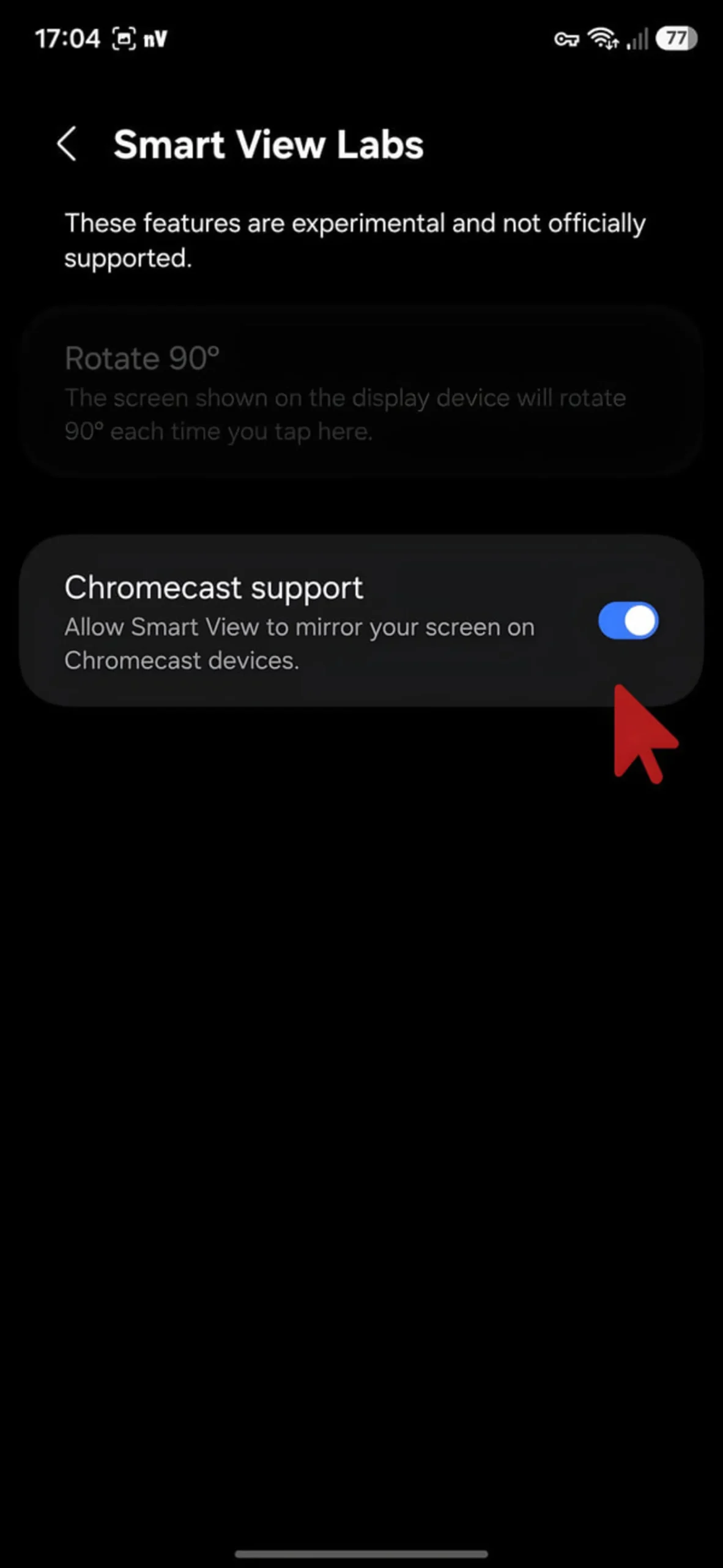 گزینه فعال‌سازی پشتیبانی از کروم‌کست (Chromecast) در منوی Smart View Labs گوشی سامسونگ