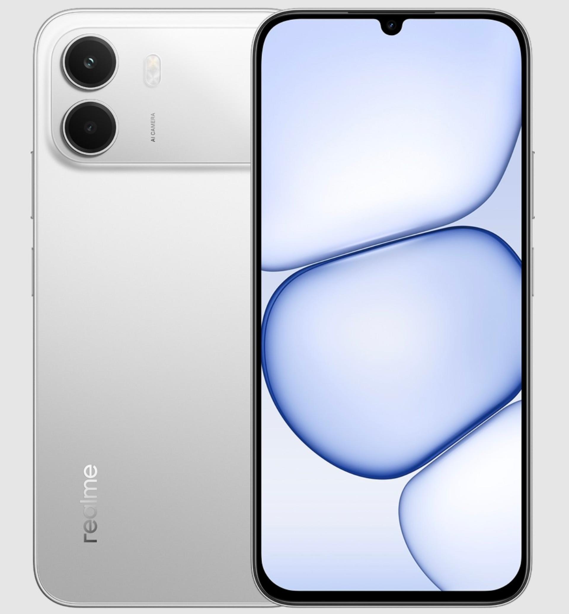 گوشی هوشمند Realme C100i با طراحی بدنه سفید و نمایشگر بزرگ