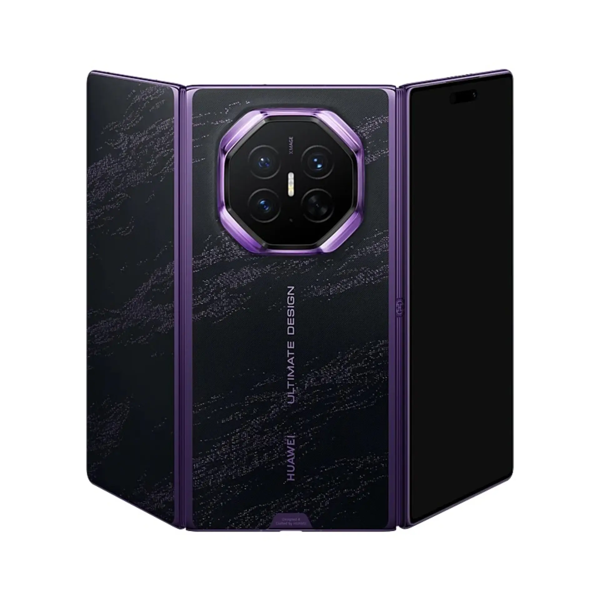 گوشی تاشو سهتکه جدید هواوی با ۱۶ گیگابایت رم عرضه میشود گوشی تاشو سهتکه هواوی (Huawei) با بدنه بنفش و طراحی مدرن