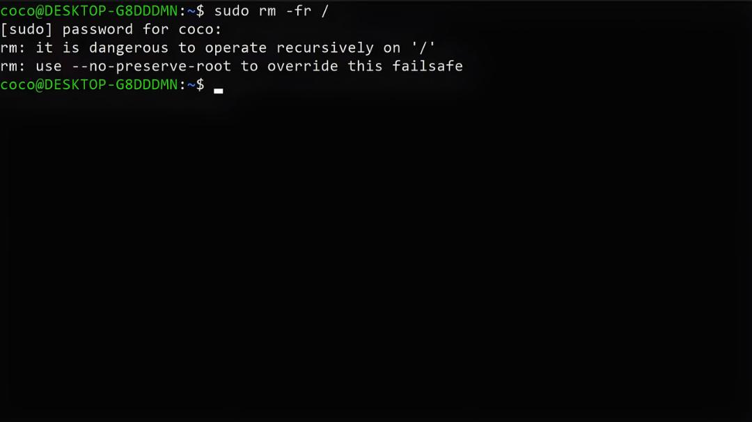 ترمینال لینوکس در حال نمایش پیام هشدار امنیتی دستور sudo rm -rf