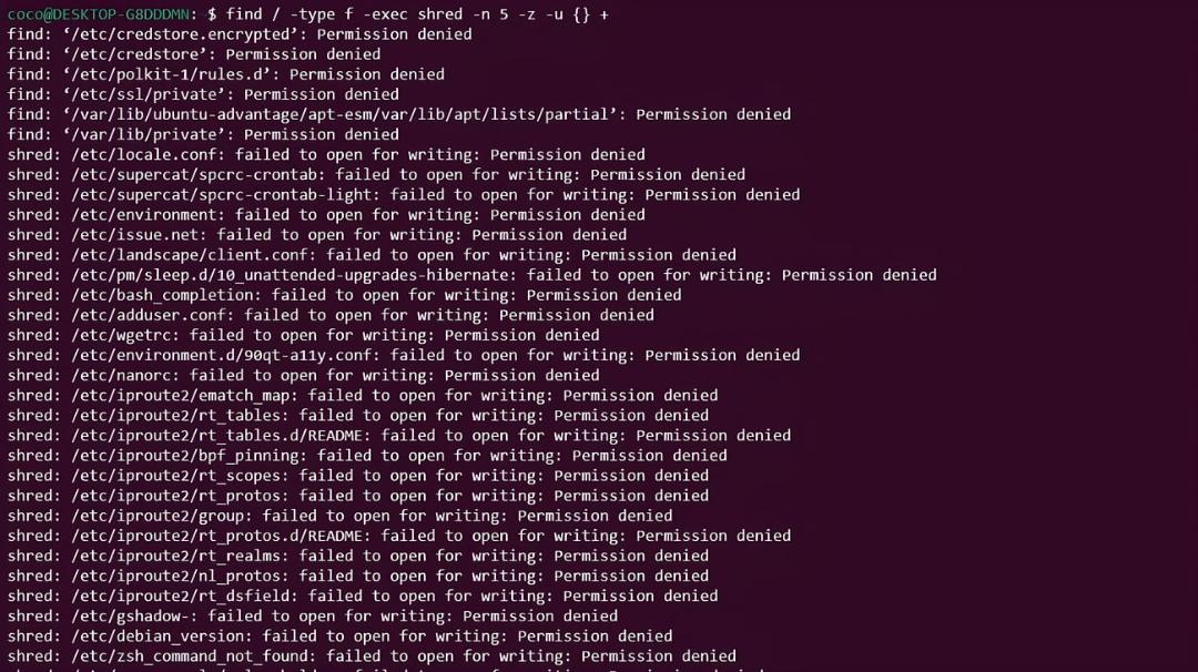 متن خطای Permission denied در ترمینال لینوکس هنگام اجرای دستور shred