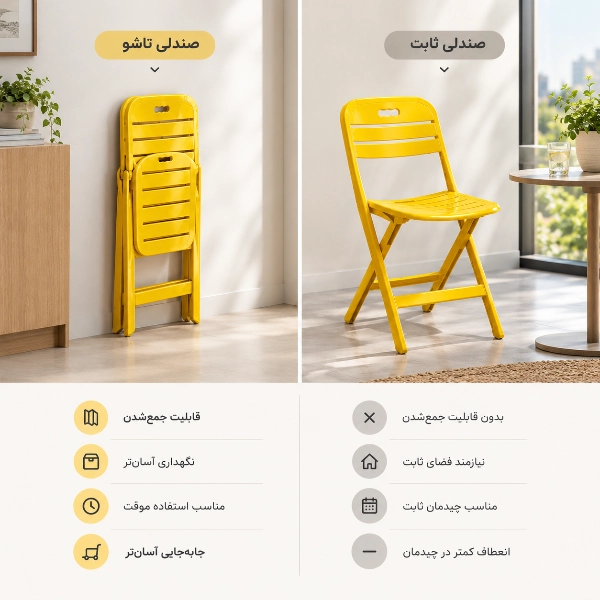 صندلی پلاستیکی تاشو؛ راهنمای انتخاب برای فضاهای کوچک و استفاده روزمره مقایسه صندلی پلاستیکی تاشو و صندلی ثابت از نظر قابلیت جمعشدن، نگهداری و جابهجایی